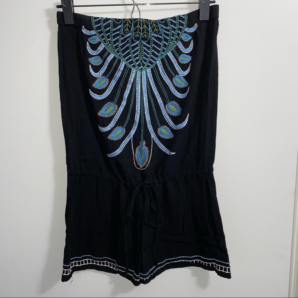 Strapless black mini dress with tie around waist